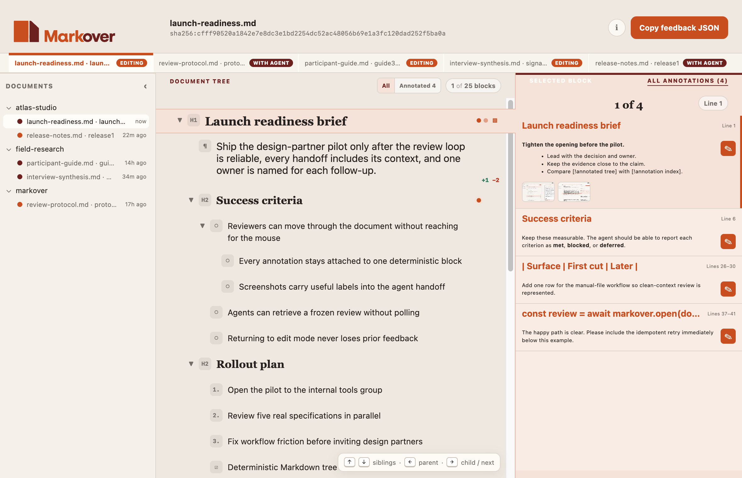 Markover showing a read-only list of every rendered annotation in the active document.