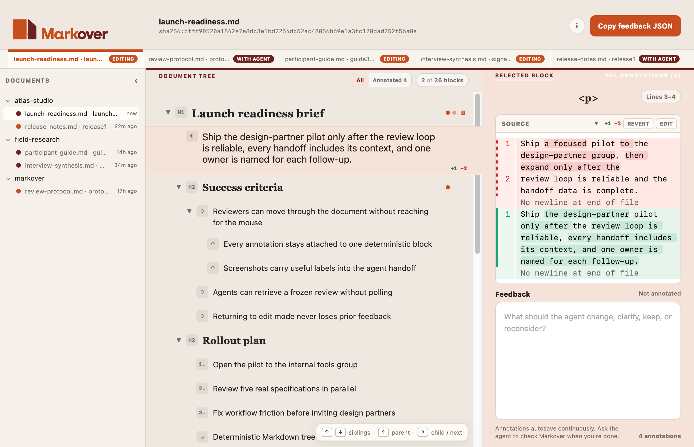 Markover showing a word-level stacked diff for a proposed source edit.